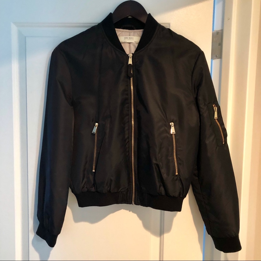 NWOT Zara Black Bomber Jacket with Gold Detailing